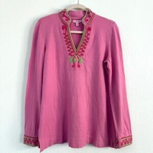 Lilly Pulitzer Embroidered Tunic Pink Cotton Cashmere Boho Feminine Resortwear M